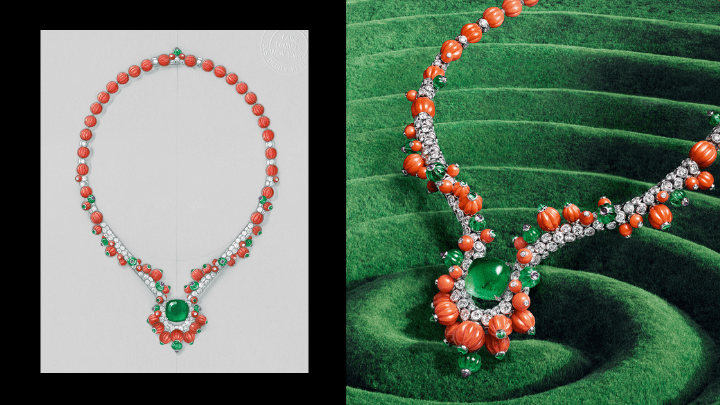 Recif项链，以铂金镶嵌1颗重17.20卡的凸圆形切割赞比亚祖母绿，配以瓜形及凸圆形切割祖母绿、珊瑚圆珠、紫水晶，以及圆形明亮式切割钻石。