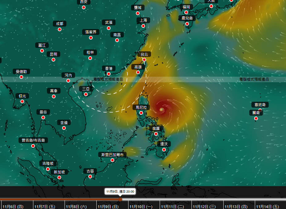 歐中AIFS預測現時位於關島以南熱帶氣旋未來行走路徑。天文台擷圖 歐中AIFS預測現時位於關島以南熱帶氣旋未來行走路徑。天文台擷圖