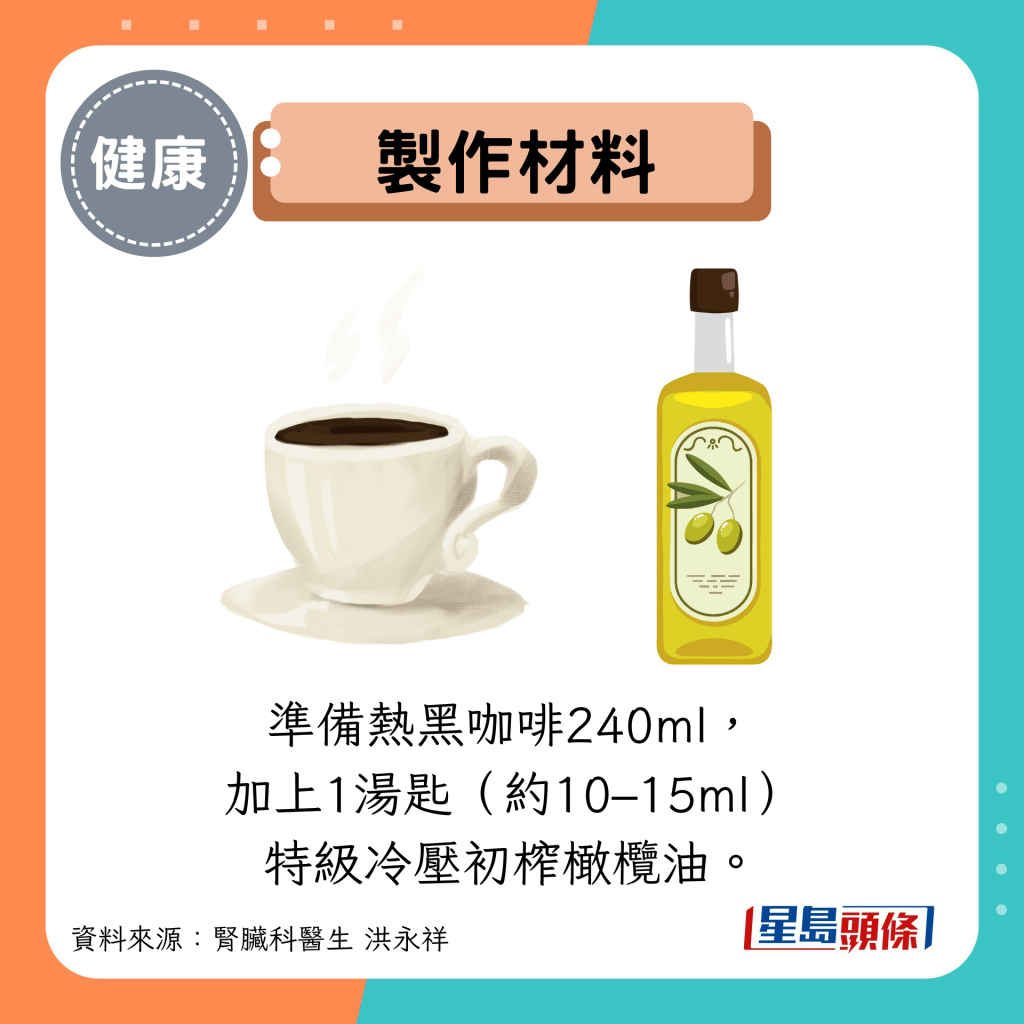 製作材料:準備熱黑咖啡240ml, 加上1湯匙(約10–15ml) 特級冷壓初榨橄欖油。
