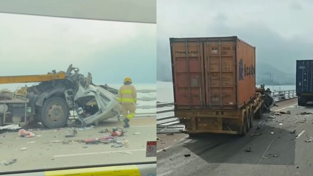 深圳灣大橋4車相撞有人被困 貨車車頭如被削去 消防趕至救援