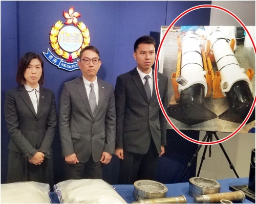警方展示檢獲的證物。紅圈示:兩個液壓唧筒。