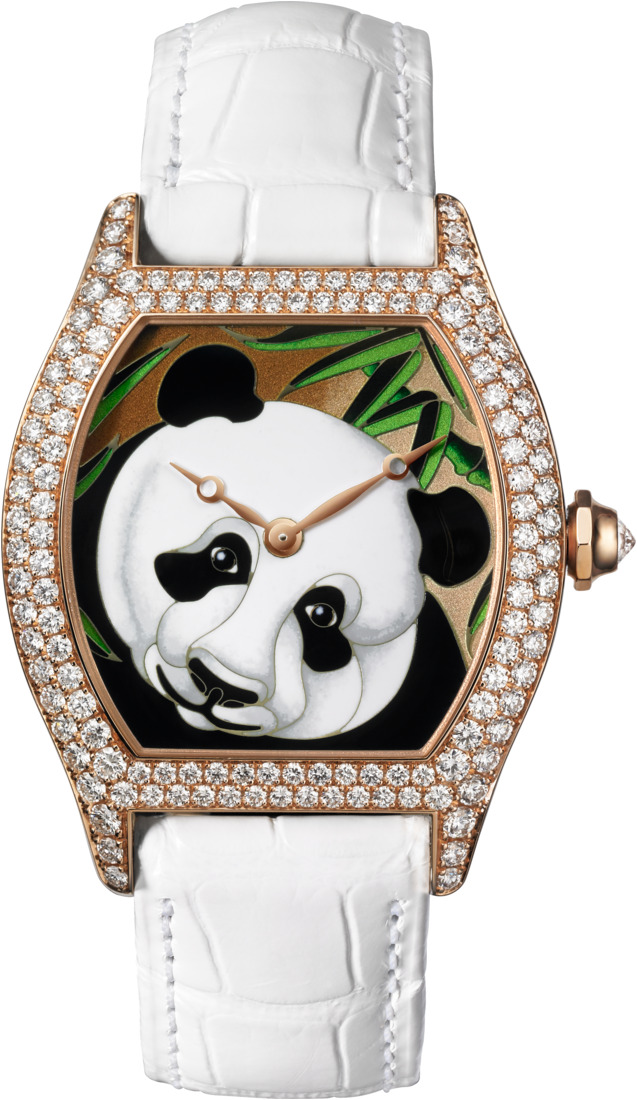 Cartier Tortue Panda腕表，玫瑰金表壳，表圈镶钻，表盘内填珐琅彩绘，限量发行。（2010年）