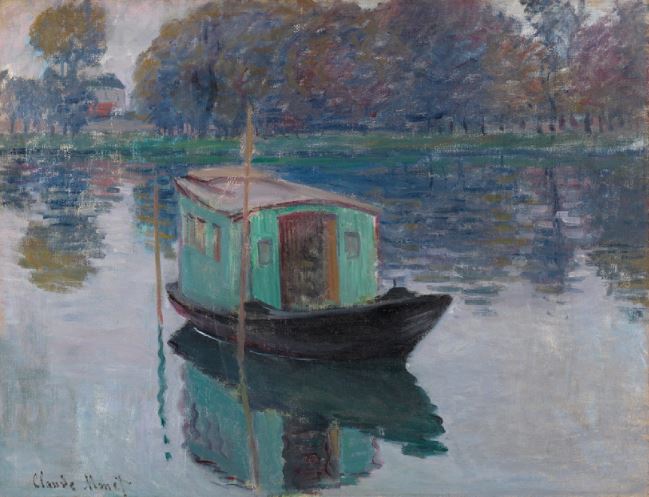 《莫奈工作室的船》，1874年，莫奈。中央是停泊在塞納河上的工作室船，遠處是阿讓特伊森林、海濱長廊和建築物。水面平靜，倒映著工作室的船和周圍的風景。 工作室船以風景畫家杜比尼（Daubigny，1817-78）為藍本，是建在船頂上的小屋，莫內用它畫了許多河流和水邊的場景。