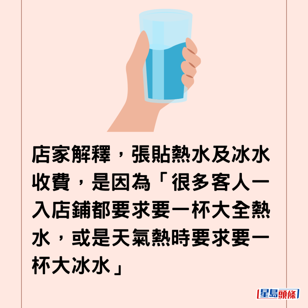 店家解釋，張貼熱水及冰水收費，是因為「很多客人一入店鋪都要求要一杯大全熱水，或是天氣熱時要求要一杯大冰水」