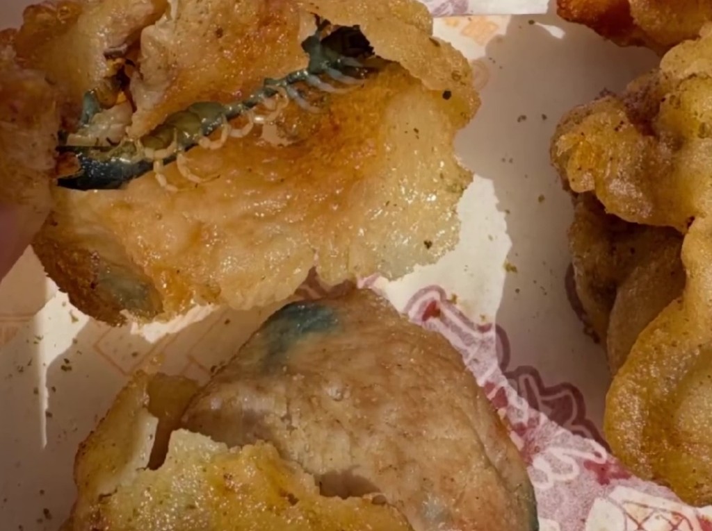 江苏食客吃炸鸡惊见原条蜈蚣。