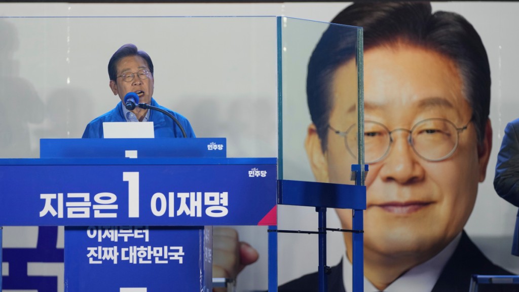 南韓總統選戰，候選人李在明呼聲最高。美聯社