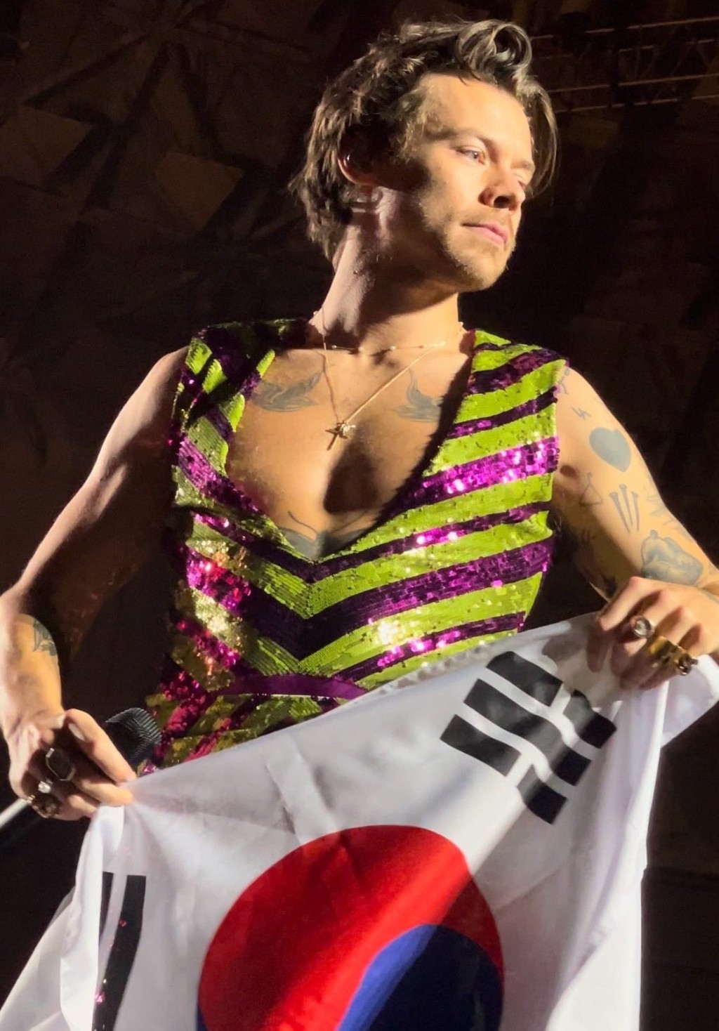 Harry Styles拎粉絲送的韓國國旗影相。   