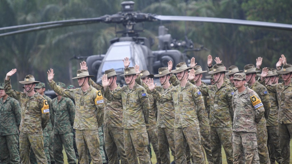 参加「超级鹰盾」联合军演的澳洲陆军士兵在开幕式合影。 路透社