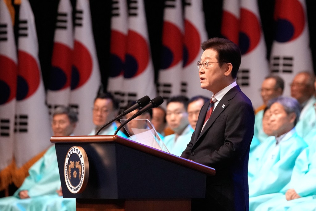 李在明在「光復節80周年」活動上敦促日本政府正視歷史。法新社