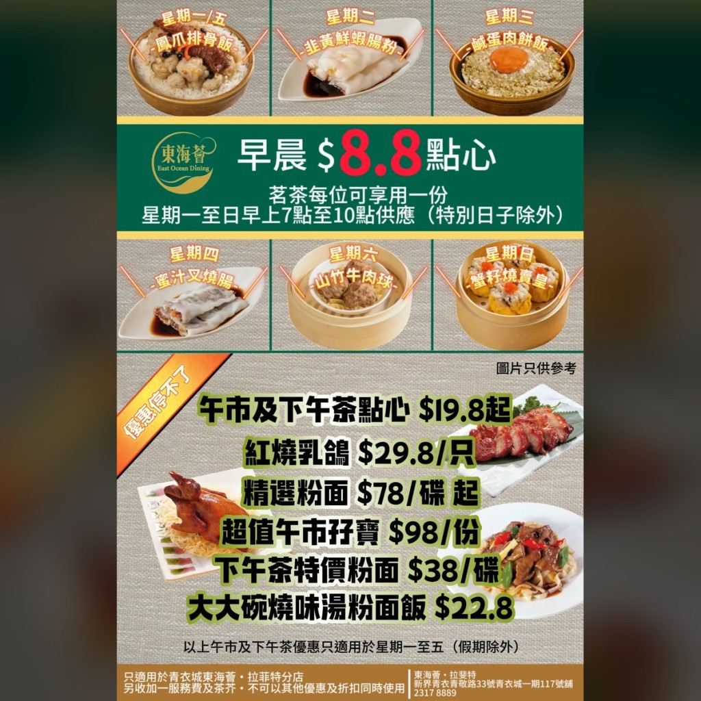 青衣「東海薈」早茶優惠 點心/盅頭飯$8.8 午/茶市粉麵飯、乳鴿$22.8起