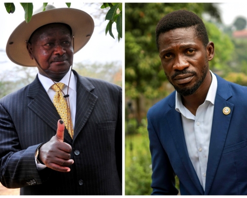 瓦恩(右)拒绝承认穆塞韦尼(左)当选的结果。AP