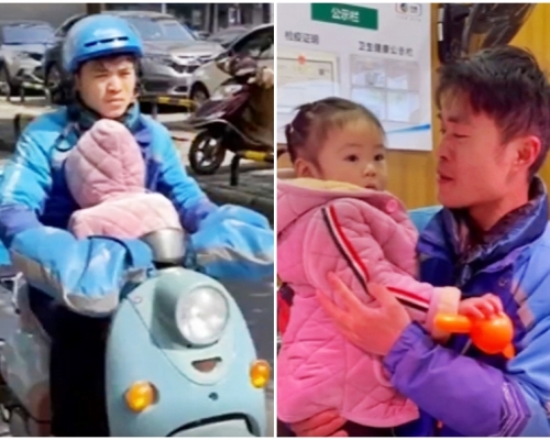 江蘇一名31歲爸爸李園園，帶著女兒霏兒去送外賣。網圖