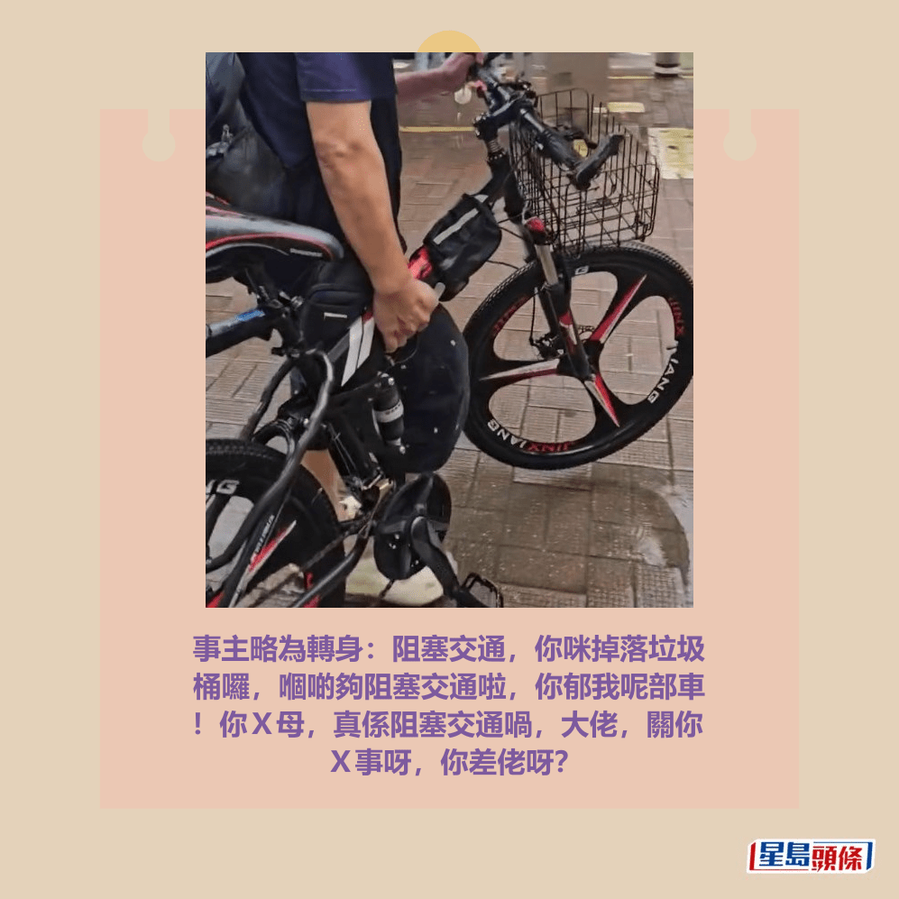 事主略為轉身：阻塞交通，你咪掉落垃圾 桶囉，嗰啲夠阻塞交通啦，你郁我呢部車 ！你Ｘ母，真係阻塞交通喎，大佬，關你 Ｘ事呀，你差佬呀？fb「粉嶺上水街坊交流區」截圖