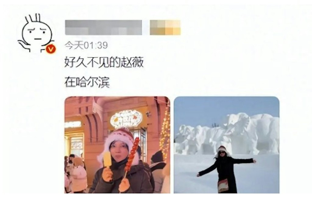 有网民在社交网晒出赵薇在哈尔滨的近照。