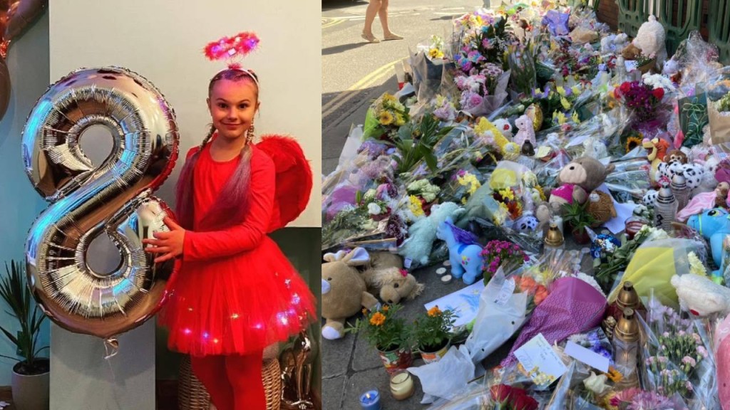 英國9歲女童Lilia Valutyte遇襲身亡，當地民眾紛紛獻花悼念。Twitter網圖