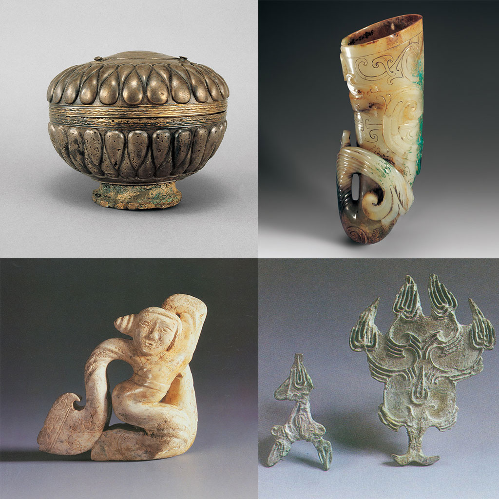 博物館明星文物：蒜頭紋銀盒（左上）；犀角形玉杯（右上）；圓雕玉舞人（左下）；銅印花凸版（右下）（南越王博物院官方網頁圖片）