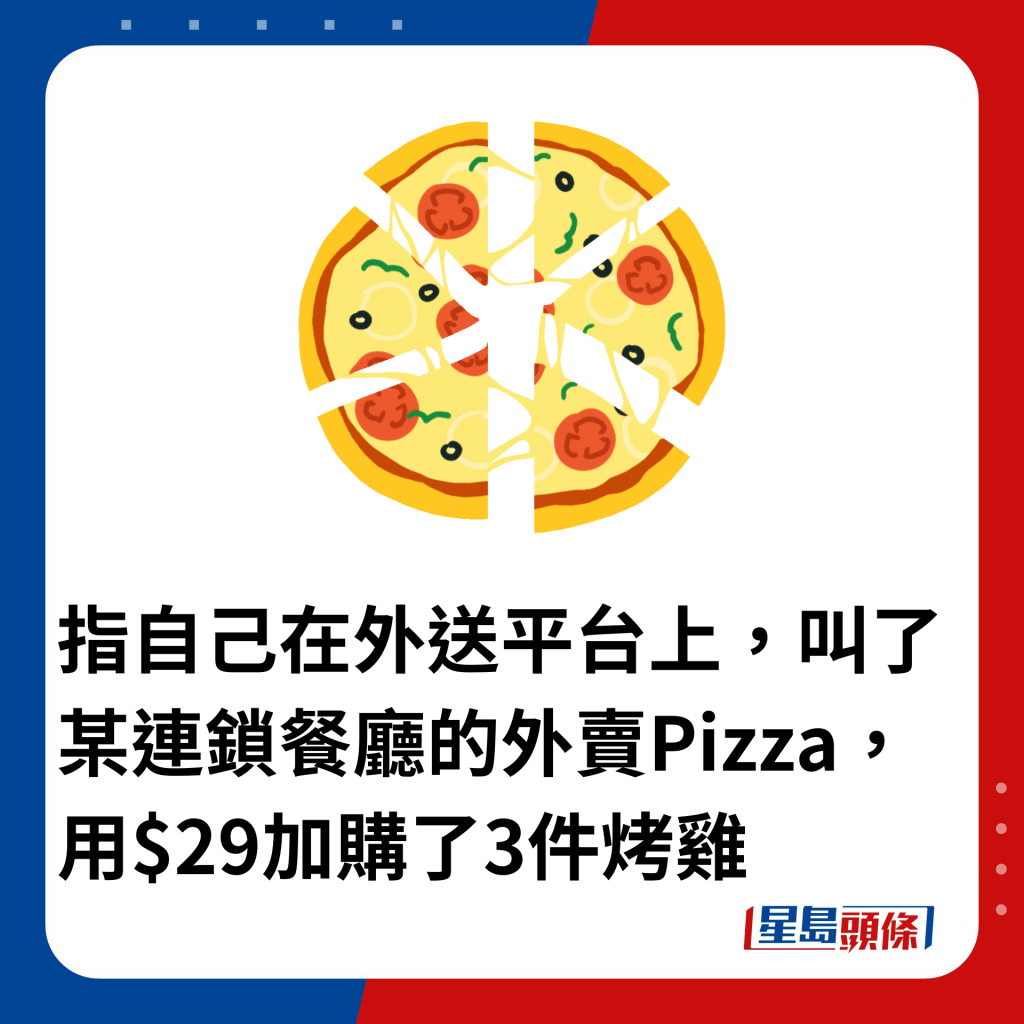 指自己在外送平台上，叫了某连锁餐厅的外卖Pizza，用$29加购了3件烤鸡