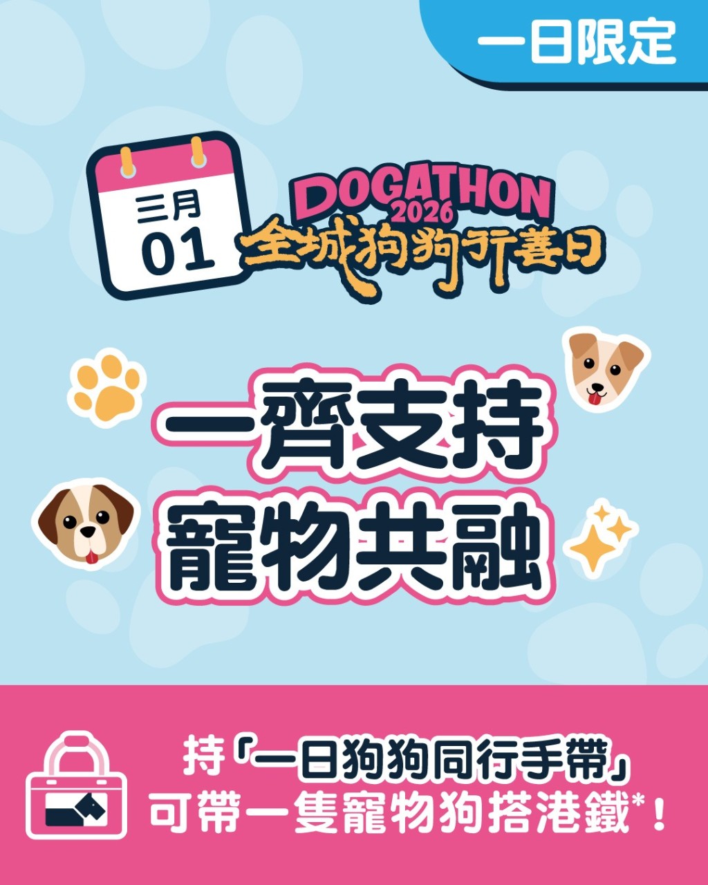 已登记及捐款的参加者均取得“港铁一日狗狗同行手带”，每程可携带一只宠物狗。