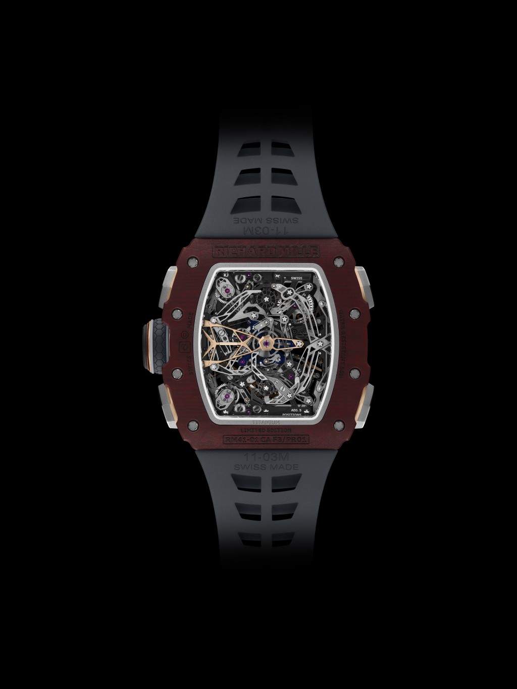 Richard Mille RM 41-01 Tourbillon Soccer,錶殼:43.23×49.65mm玄武岩纖維或石英纖維/機芯:RM41-01手上鏈/限量:各30枚/售價:待詢。 Richard Mille RM 41-01 Tourbillon Soccer,錶殼:43.23×49.65mm玄武岩纖維或石英纖維/機芯:RM41-01手上鏈/限量:各30枚/售價:待詢。