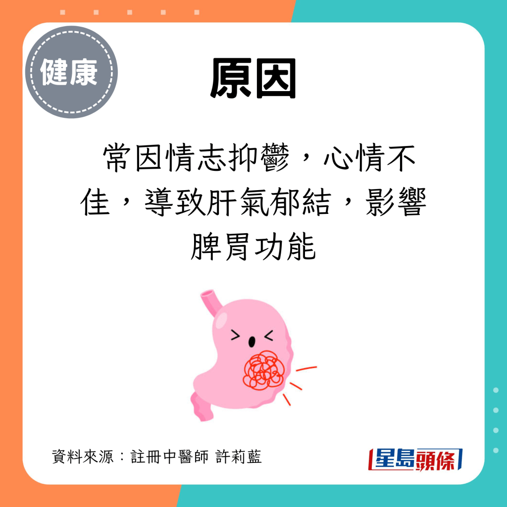  常因情志抑郁，心情不佳，导致肝气郁结，影响脾胃功能