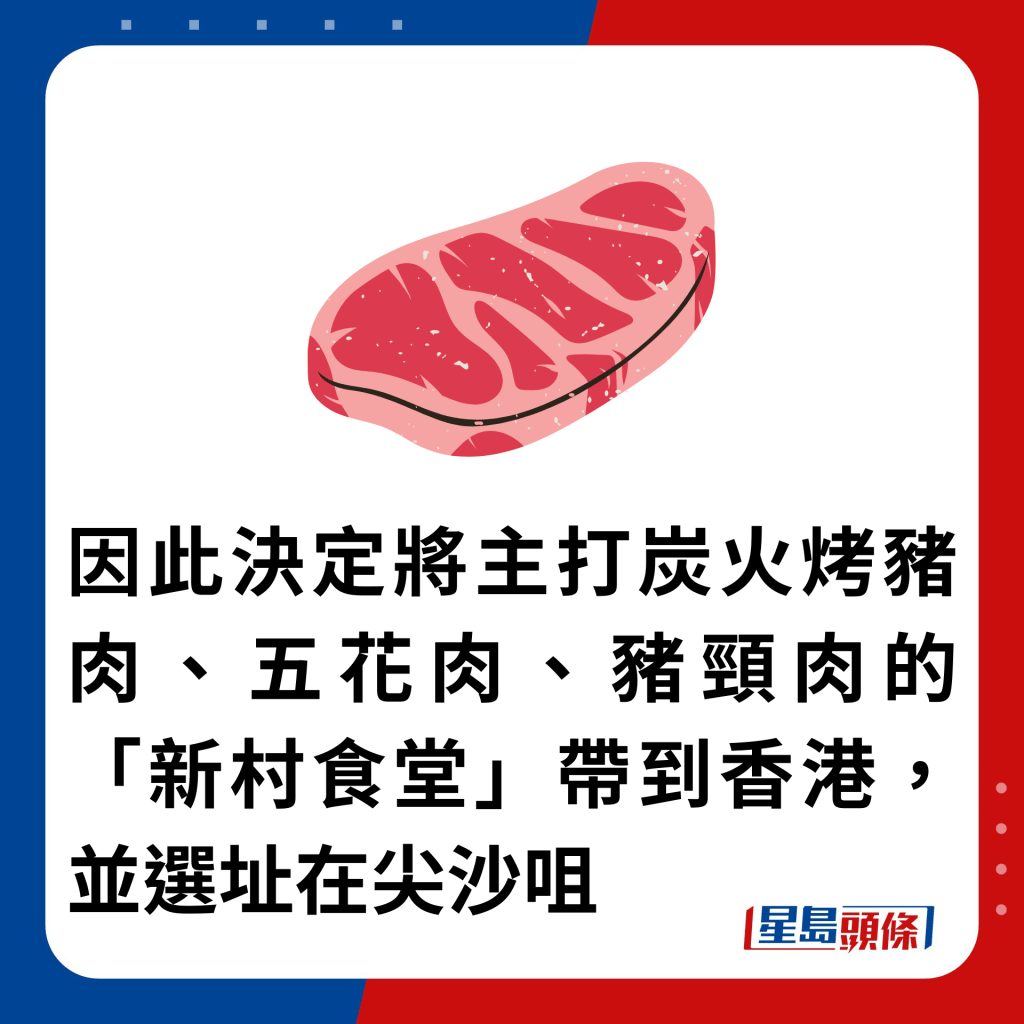 因此决定将主打炭火烤猪肉、五花肉、猪颈肉的「新村食堂」带到香港，并选址在尖沙咀