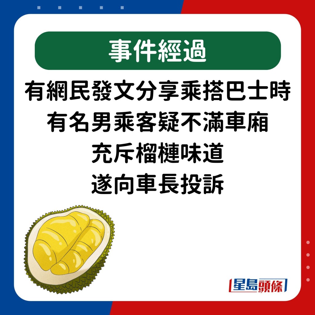 最近有網民發文，表示近日乘搭九巴時，遇上有名男乘客疑不滿車廂充斥榴槤味道，遂向車長投訴