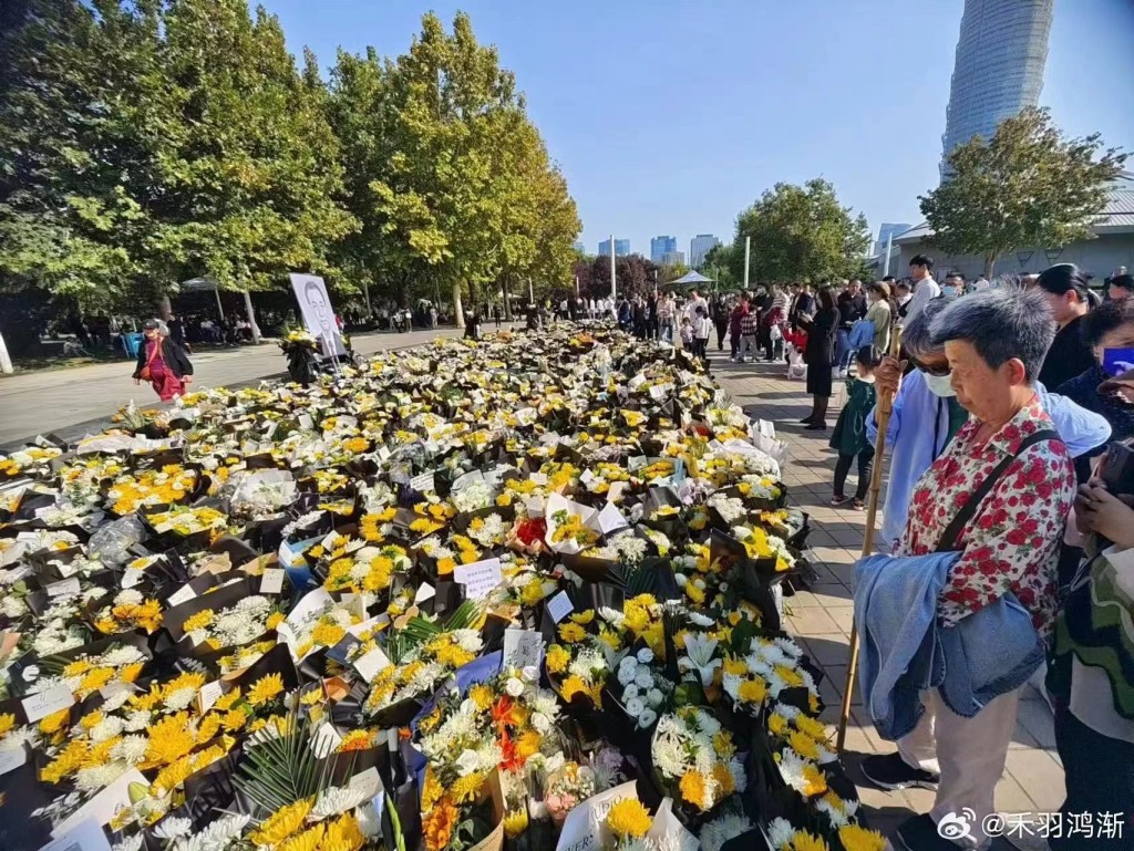民众在郑东新区中央公园的如意湖边摆放鲜花悼念李克强。