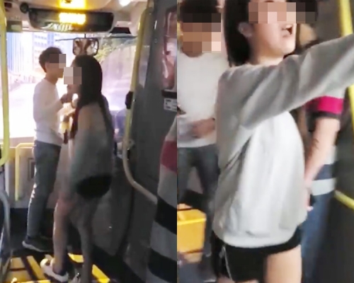 兩男女疑違泊阻巴士駛過。影片截圖