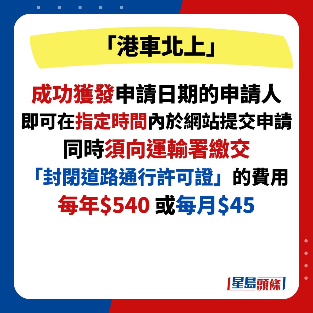 成功獲發申請日期的申請人 即可在指定時間內於網站提交申請 同時須向運輸署繳交 「封閉道路通行許可證」的費用 每年$540 或每月$45