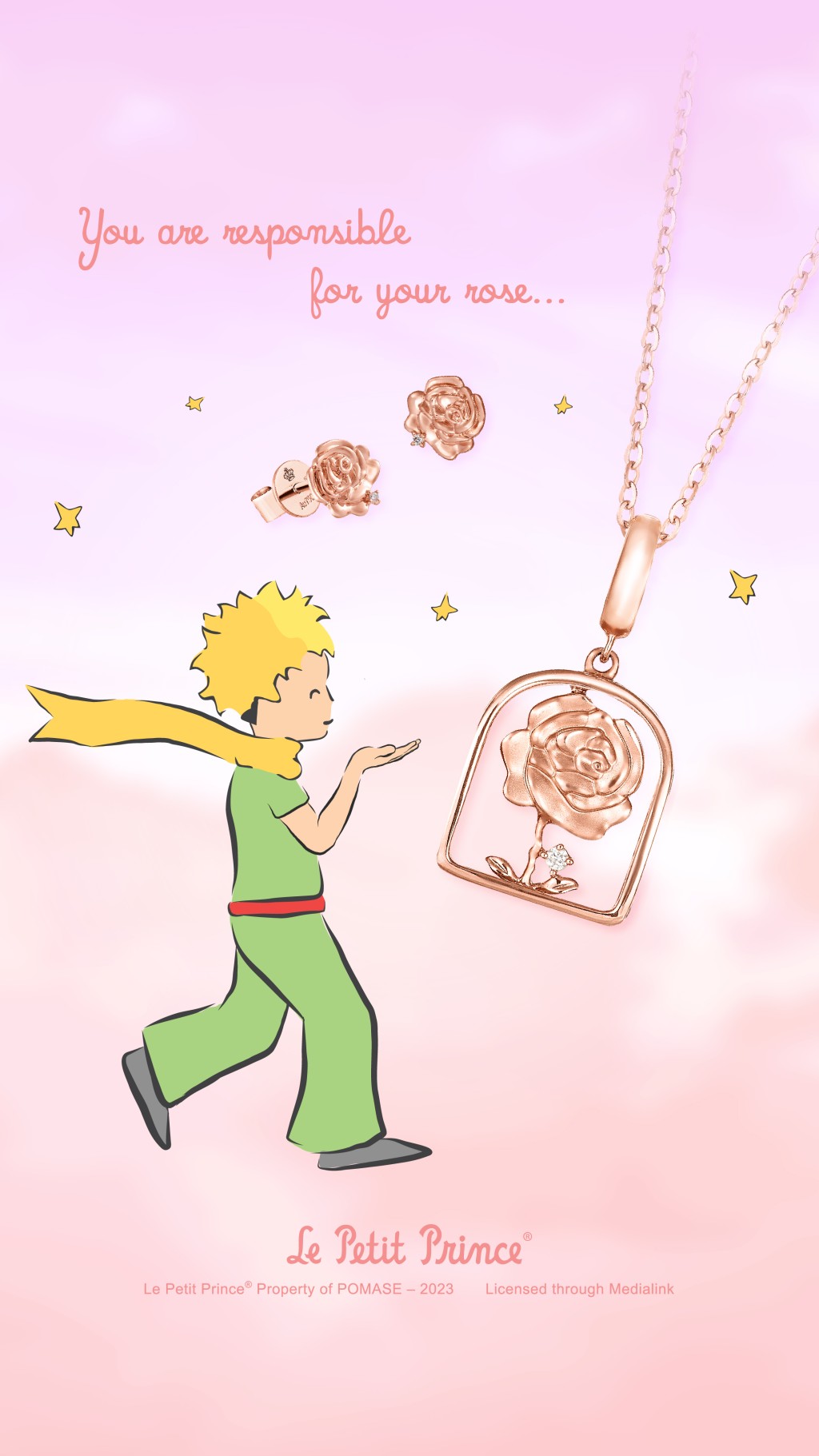 玫瑰花圖案18K玫瑰金鑽石串飾/$1,850（不包括項鏈）、玫瑰花圖案18K玫瑰金鑽石耳環/$999。