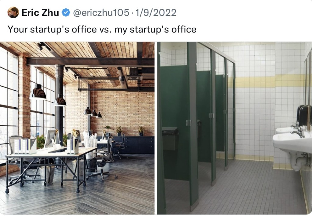 埃里克（Eric Zhu）戲稱他的「初創辦公室」就是學校廁所。 Twitter@EricZhu105