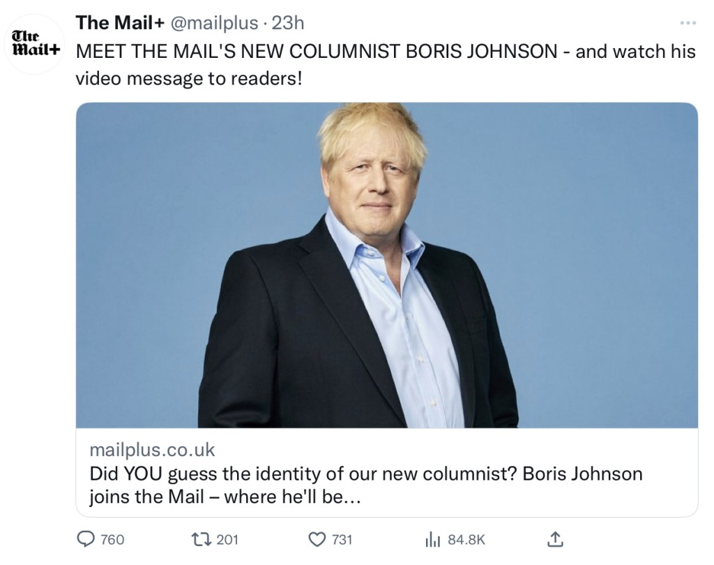 《每日邮报》周六宣布约翰逊加入成为专栏作家。