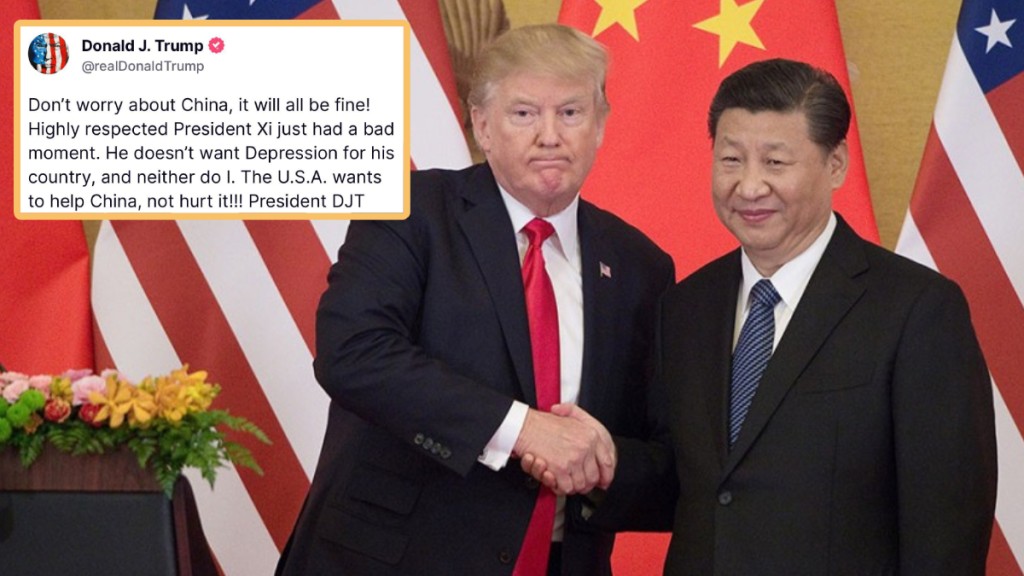 特朗普發文，指習近平不希望國家陷入蕭條。法新社