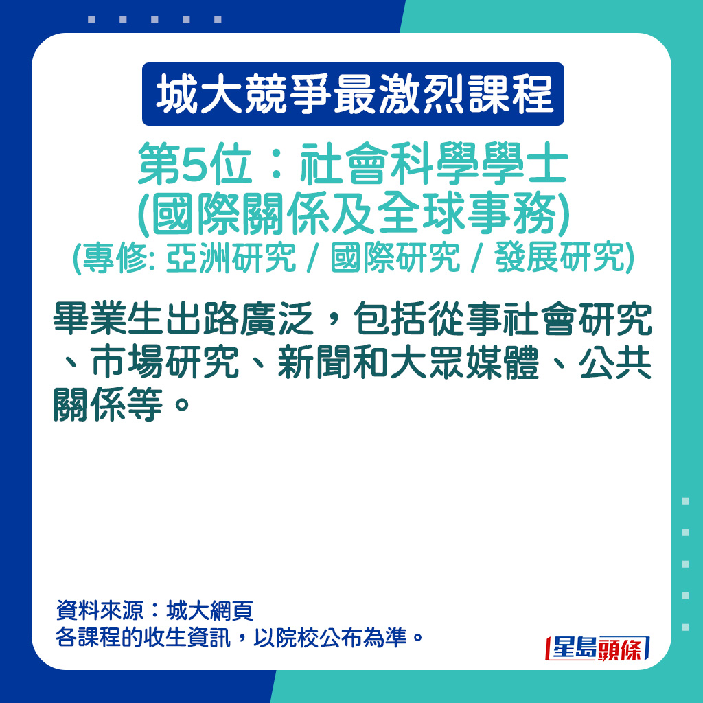 社会科学学士(国际关系及全球事务) (专修: 亚洲研究 / 国际研究 / 发展研究) 的课程简介。