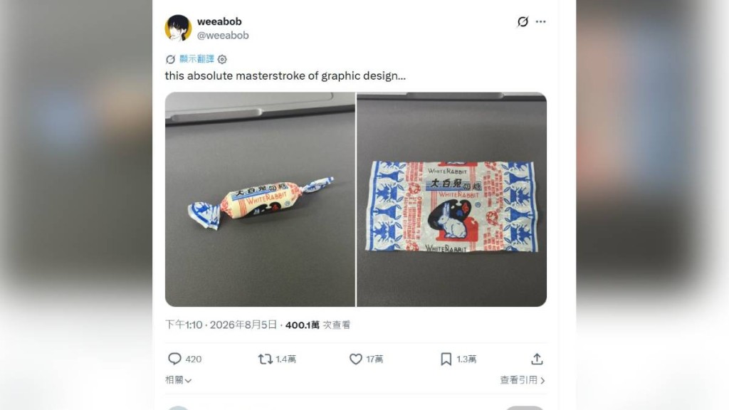 大白兔糖的經典藍白紅包裝紙在外網社交平台爆紅。X