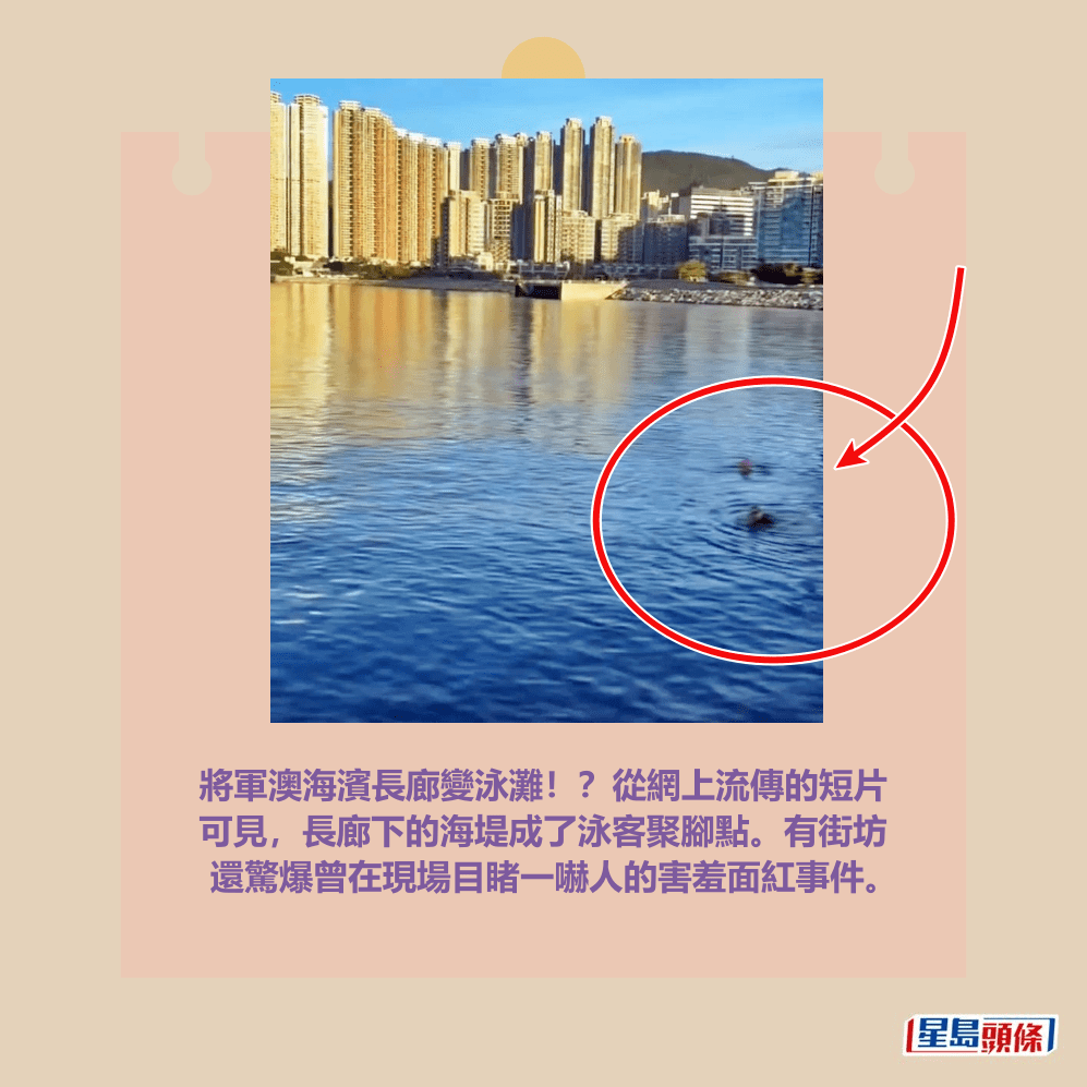 將軍澳海濱長廊變泳灘!?從網上流傳的短片 可見,長廊下的海堤成了泳客聚腳點。有街坊 還驚爆曾在現場目睹一嚇人的害羞面紅事件。fb「將軍澳主場」截圖 將軍澳海濱長廊變泳灘!?從網上流傳的短片 可見,長廊下的海堤成了泳客聚腳點。有街坊 還驚爆曾在現場目睹一嚇人的害羞面紅事件。fb「將軍澳主場」截圖