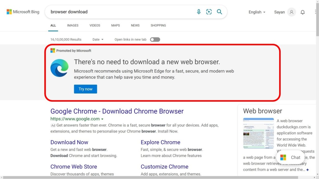 Edge彈出提示，稱用家不需下載Chrome。互聯網圖片