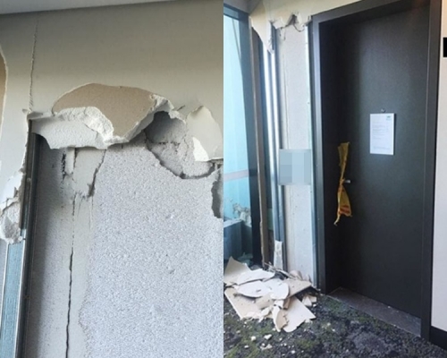 澳寶大廈有碎片掉滿地。網圖