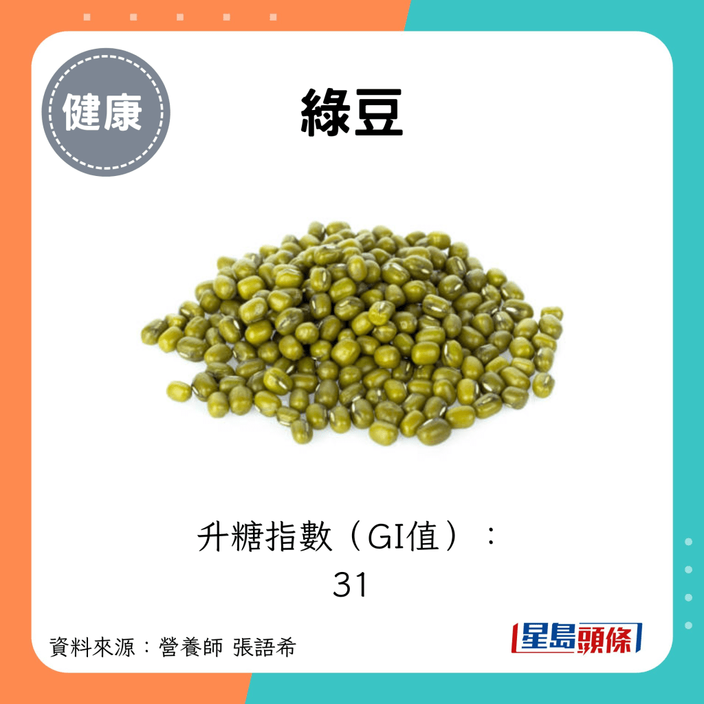 綠豆：升糖指數（GI值）： 31