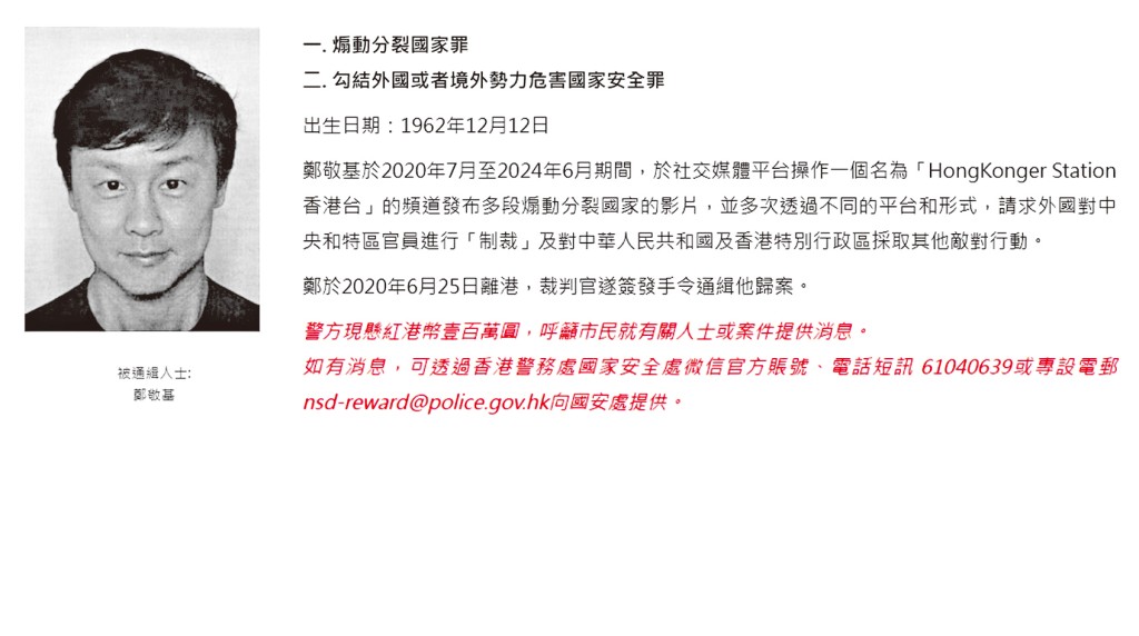 鄭敬基涉嫌干犯「煽動分裂國家」及「勾結外國或者境外勢力危害國家安全」罪,被警方通緝。
