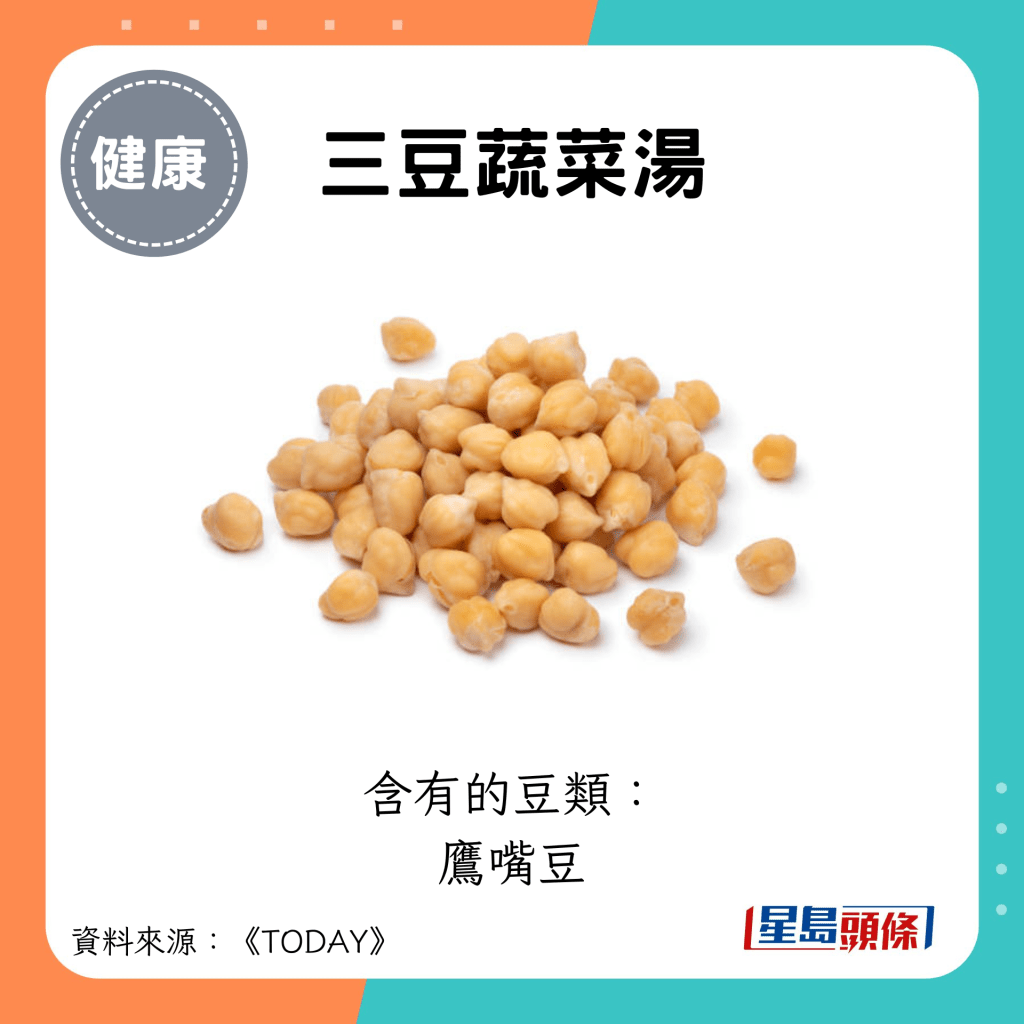 三豆蔬菜汤：含有的豆类： 鹰嘴豆