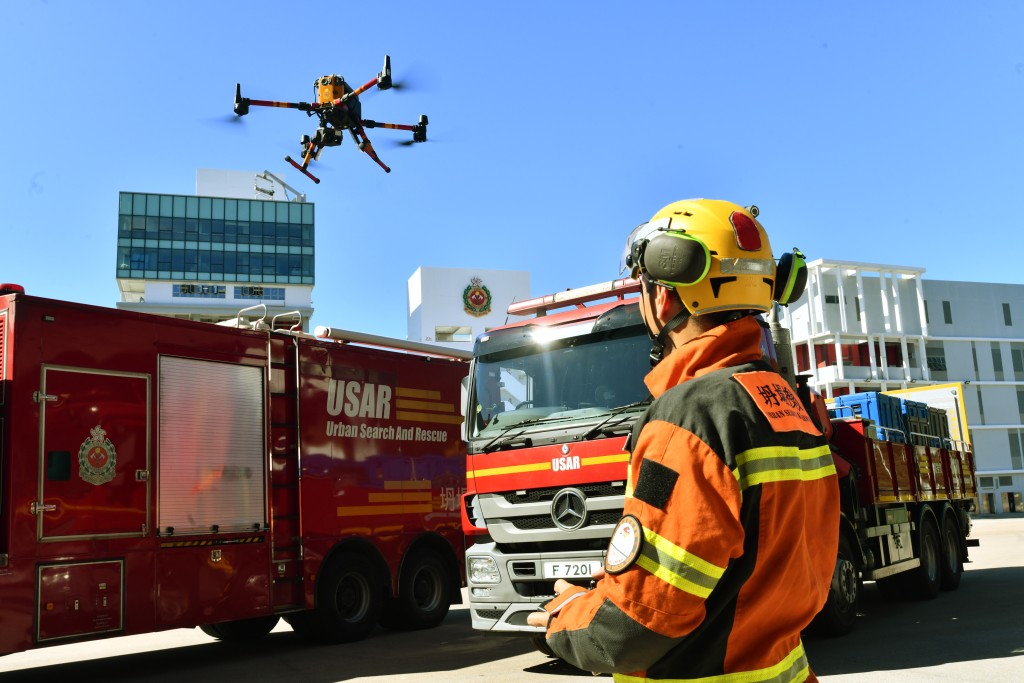  消防處在今次土耳其搜救過程中採用多種先進裝備，包括能繪製救災現場三維圖像的無人機。 褚樂琪 攝