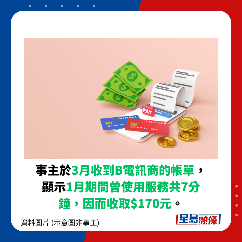 事主于3月收到B电讯商的帐单，显示1月期间曾使用服务共7分钟，因而收取$170元。