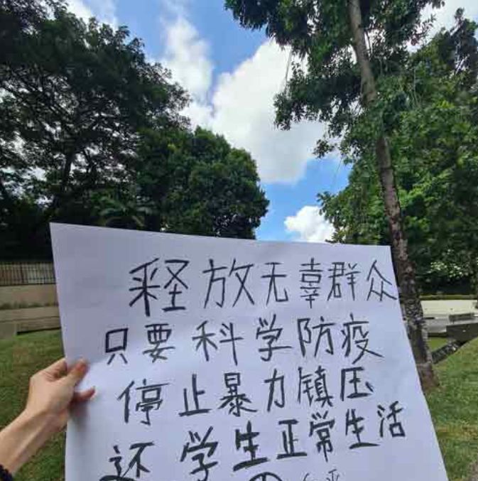 该名女子在社交媒体上发布当日示威的照片，照片中她手持写满中文诉求的白纸。