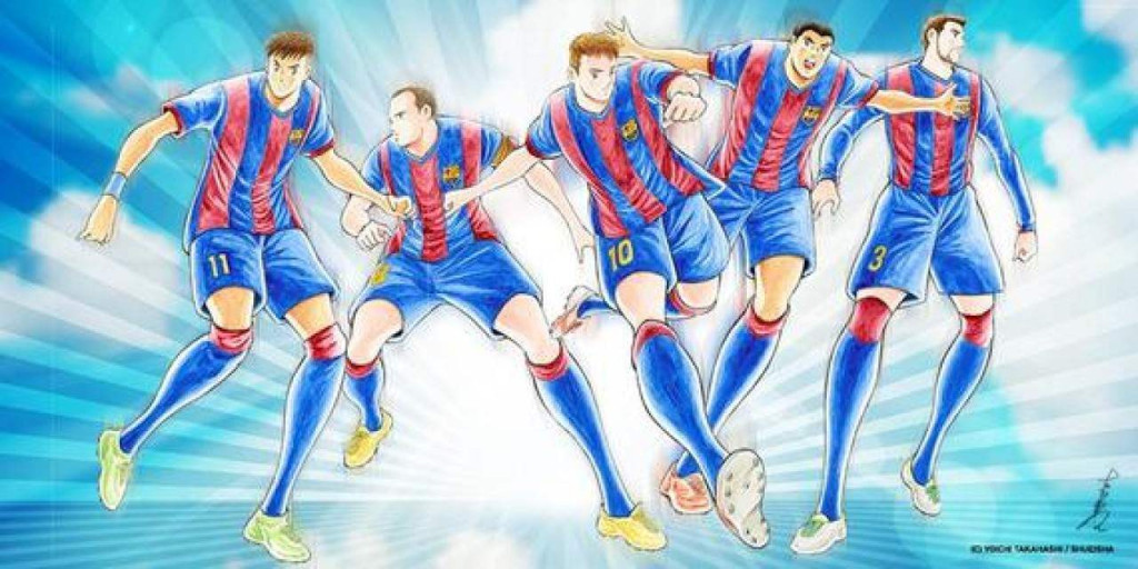漫畫《足球小將》中的巴塞隆拿，有參考恩尼斯達的角色（左二）。