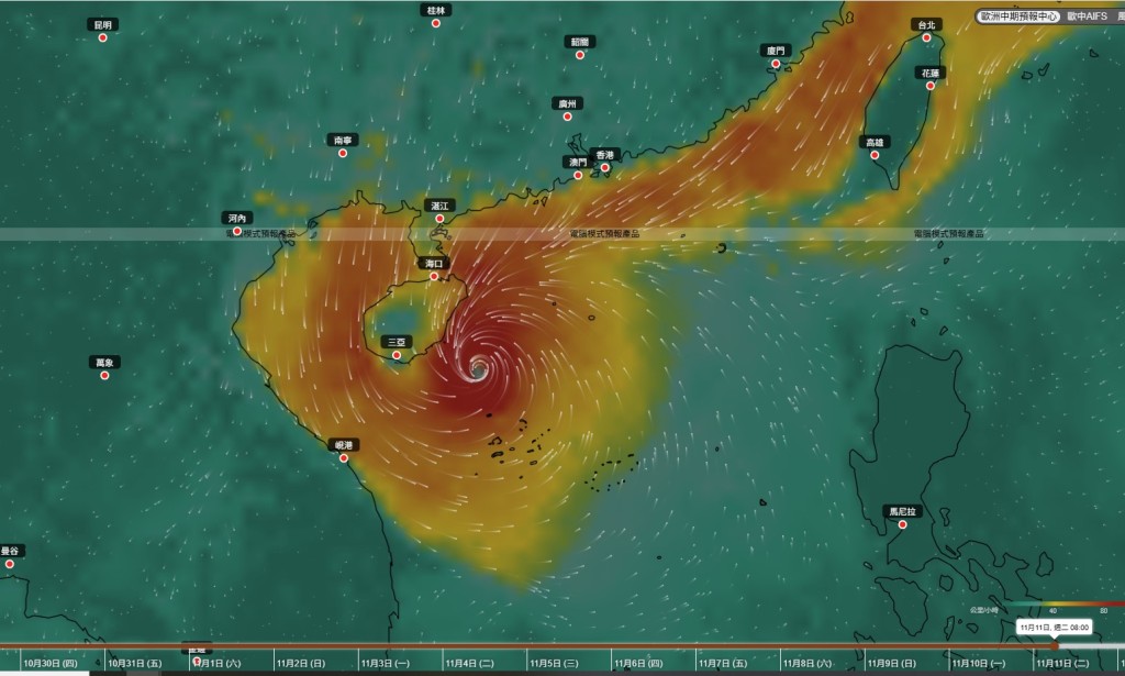 期後減弱並移向海南島一帶。 期後減弱並移向海南島一帶。