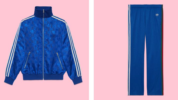 左/adidas x Gucci GG三葉草提花外套/$21,000、右/棉質針織布運動長褲/$11,000。