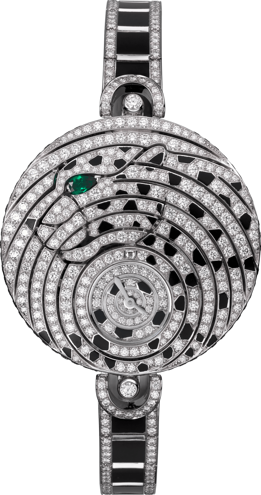 以美洲豹為設計主體的卡地亞高級珠寶腕表，18K白金表殼，搭載石英機芯，鑲配真漆、祖母綠及鑽石。（個別定價）