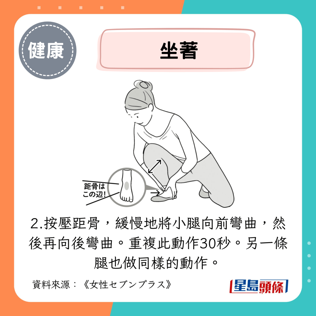 按壓距骨,緩慢地將小腿向前彎曲,然後再向後彎曲。 按壓距骨,緩慢地將小腿向前彎曲,然後再向後彎曲。