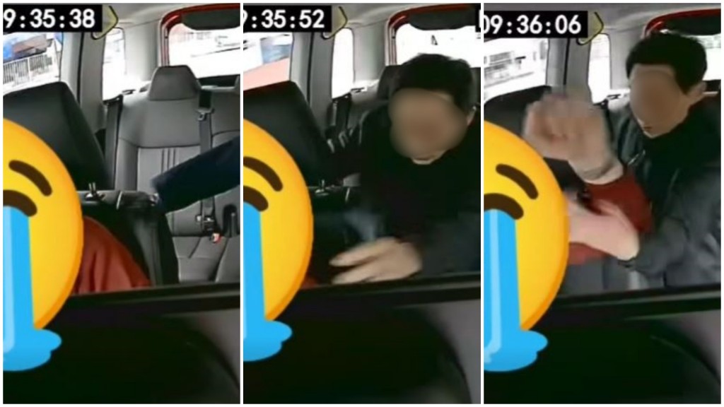 醉漢車廂起飛腳暴打司機 的士直駛輔警總部求救。fb車cam L（香港群組）影片截圖